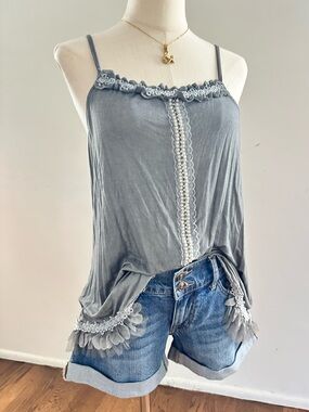 POL Gray Lace Trim Boho Cami Soft Girl Layered Tunic Tank Top M